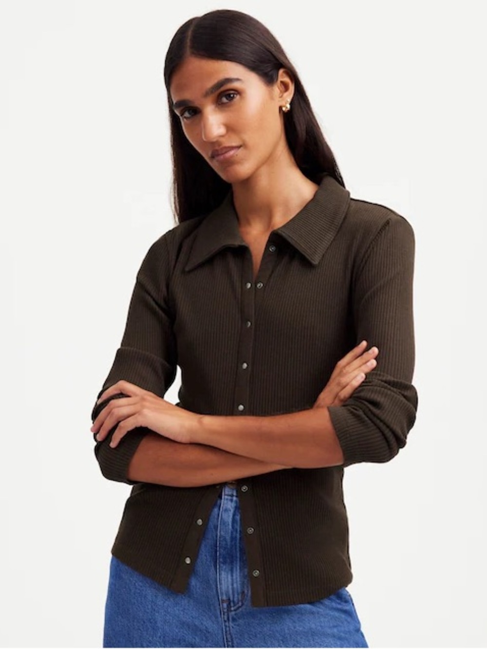 NWT Madewell Snap Front Cardigan Polo Top Dark Carob Brown Size XXS $62 NS585
